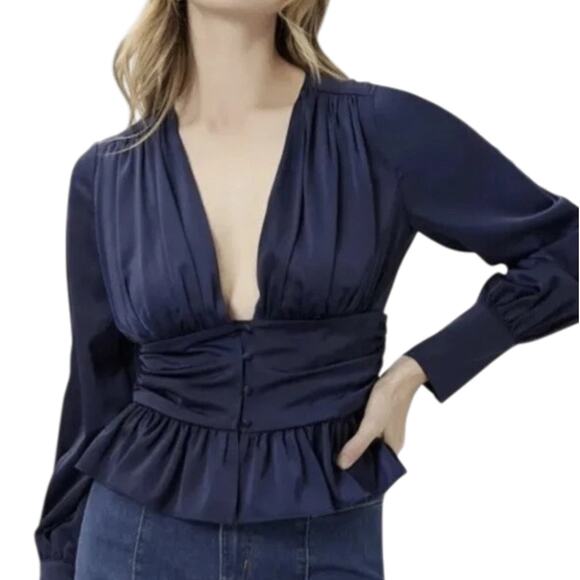 Jason Wu Tops - Jason Wu Satin Babydoll Peplum Blouse Small Navy Plunge Holiday Coquette Peasant